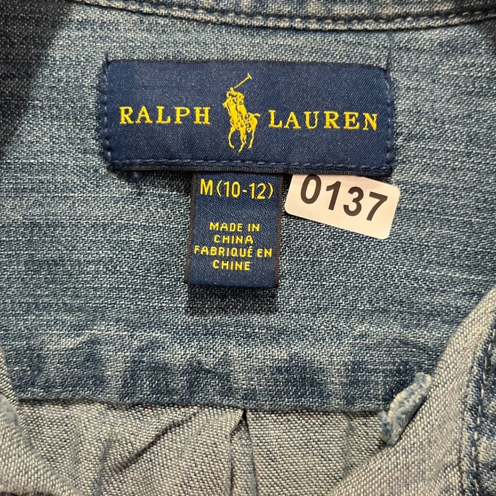Ralph Lauren Boy Denim Button Down Shirt Medium 10-12 Blue Long Sleeve Pony Logo